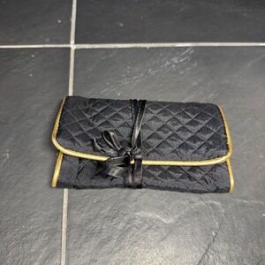 Schildkraut Black Quilted Jewelry Roll Travel Organizer Gold Trim Ribbon Tie